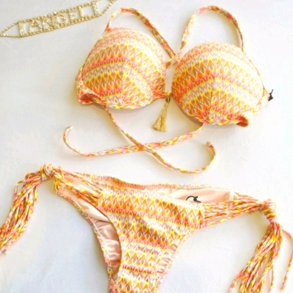 🏷️Shade & Shore Pink Chevron Bikini Swimsuit 38B Top XS Bottoms - Picture 2 of 8